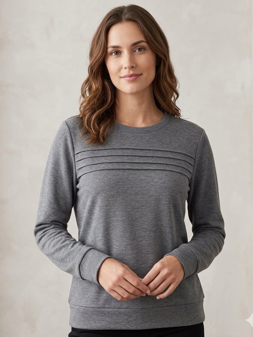 WIHOLL Gray Pleated Front Crewneck Sweatshirt - Size Large